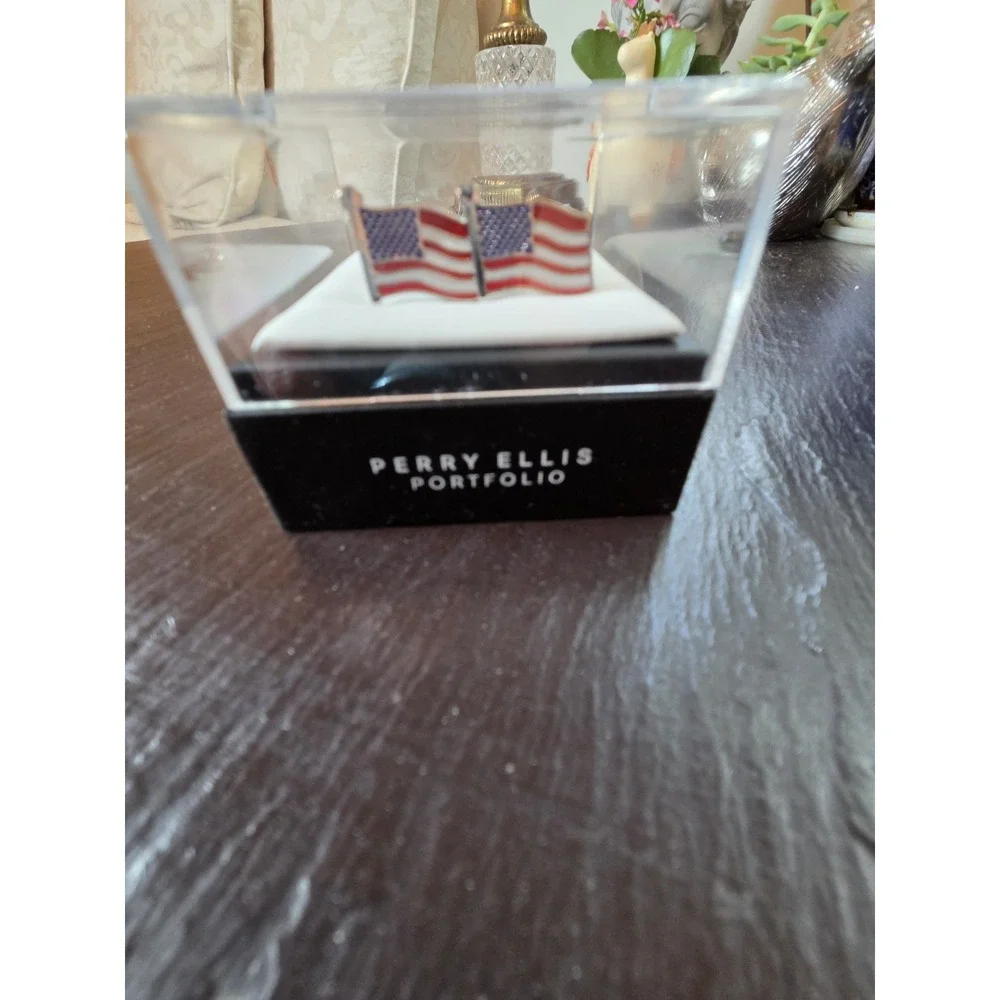 Perry Ellis Portfolio Men's American Flag Silver-Tone Toggle Cuff Links NEW! $40